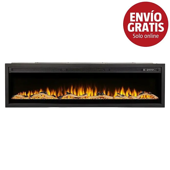 Focalpoint Chimenea eléctrica Sasanoa 60 - Negro, 1.500 W, L x An x Al: 15 x 151,6 x 41,9 cm - Amplia chimenea eléctrica negra con efecto de llama naranja y amarillo realista sobre troncos artificiales, con controles superiores.
