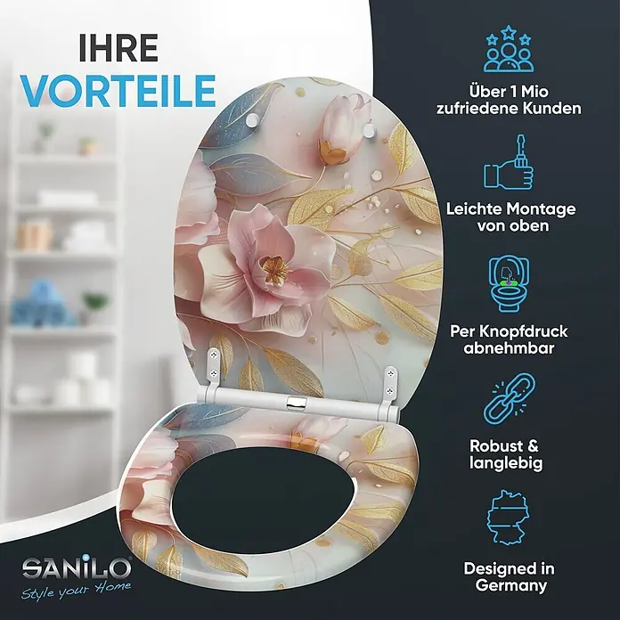 WC Sitz mit Absenkautomatik Florentia -  - Werbebild eines Toilettensitzes mit zartem Blumenmuster in Rosa, Blaugrau und Goldblättern, das Produktmerkmale hervorhebt.