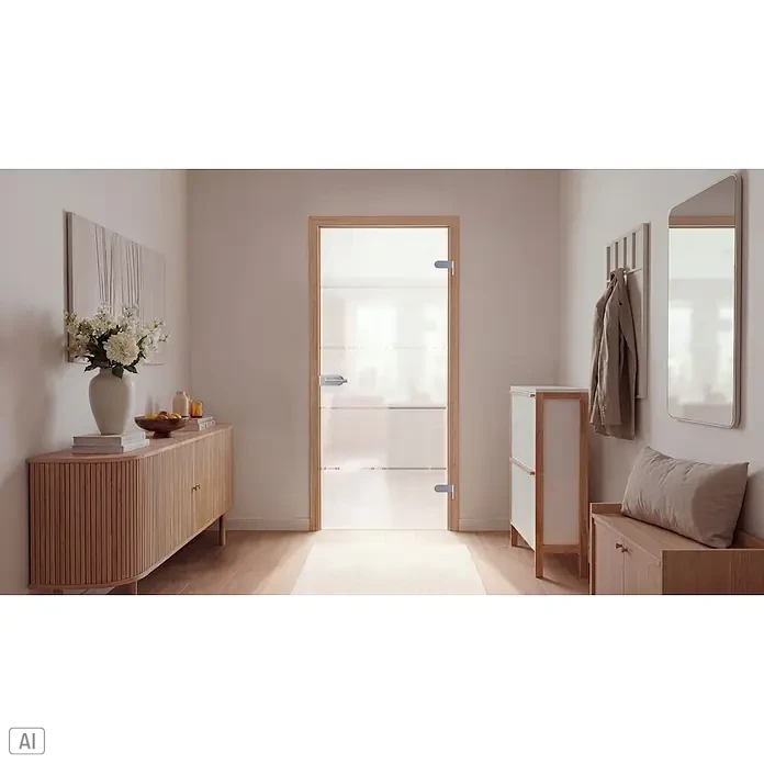 Diamond Doors Glasdrehtür Jubidoor 6.0 - 834 x 1.972 mm, DIN Rechts, Einscheibensicherheitsglas (ESG) - Heller Eingangsbereich mit Milchglastür, Holzmöbeln wie Sideboard, Garderobe, Schuhschrank und Bank für einen einladenden Raum.
