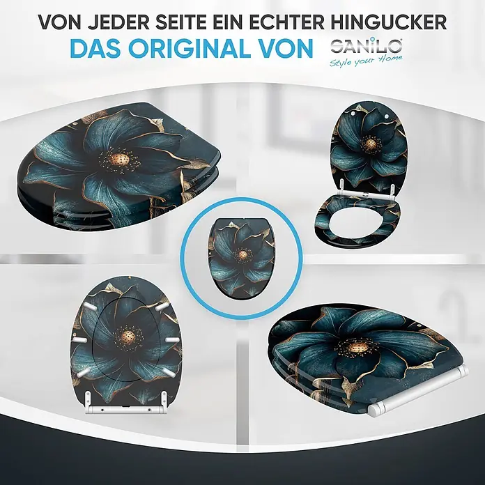 WC-Sitz mit Absenkautomatik & Top Fix Bellezza -  - Toilettensitz mit elegantem dunkelpetrolfarbenem und goldenem Blumenmuster, aus verschiedenen Perspektiven gezeigt.