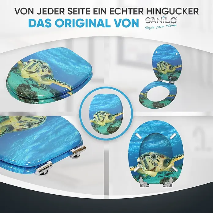 WC-Sitz mit Absenkautomatik Schildkröte -  - Toilettensitz mit lebhaftem blauem Unterwasserdesign und einer großen Meeresschildkröte.