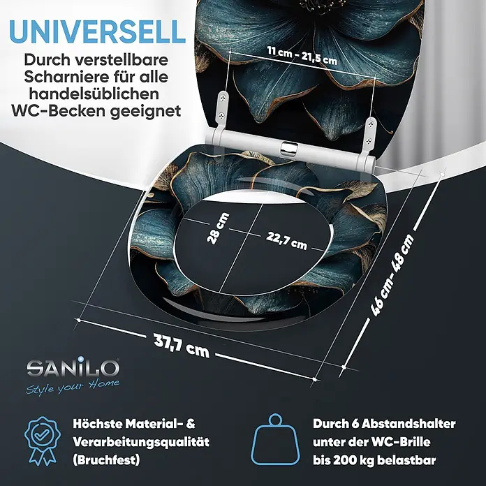 WC-Sitz mit Absenkautomatik & Top Fix Bellezza -  - Toilettensitz mit dunkelblau-goldenem Blumenmuster, universell passend und verstellbaren Scharnieren. Belastbar bis 200 kg.