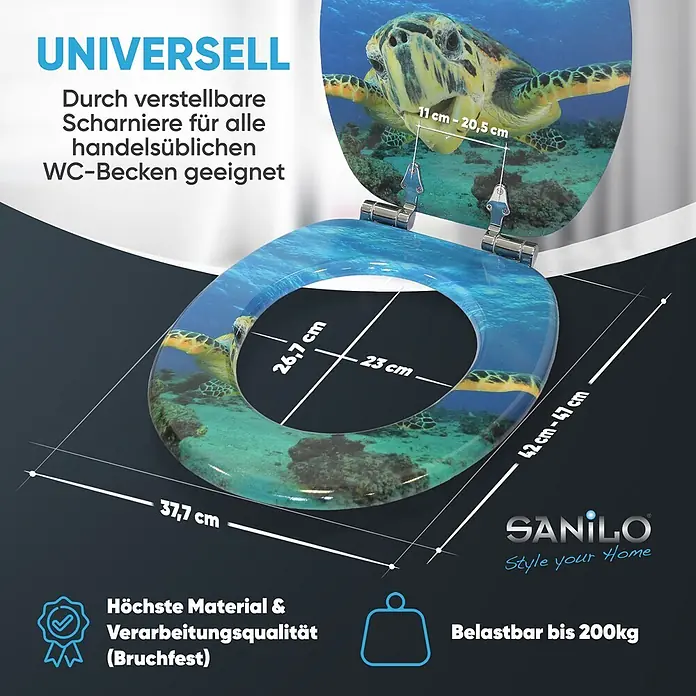 WC-Sitz mit Absenkautomatik Schildkröte -  - Blauer Toilettensitz mit Schildkröten-Ozean-Design, verstellbaren Scharnieren und Maßen (außen 42-47x37,7cm, innen 26,7x23cm). Belastbar bis 200kg.