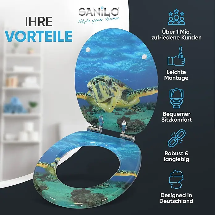 WC-Sitz mit Absenkautomatik Schildkröte -  - Glänzender Toilettensitz mit einem lebhaften Unterwasser-Meeresschildkröten-Motiv.