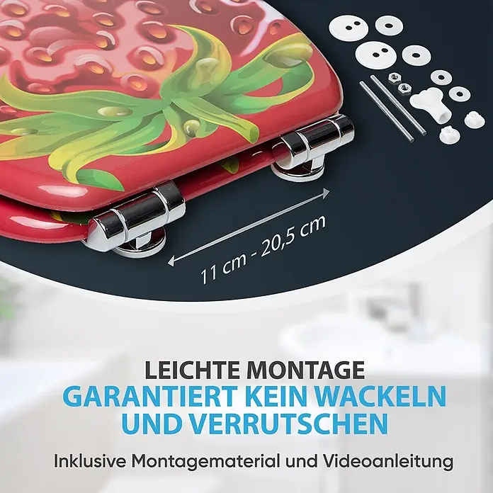 WC-Sitz mit Absenkautomatik Strawberry -  - Roter WC-Sitz mit Erdbeerdesign, inklusive Montagematerial und verstellbarem Scharnierabstand von 11-20,5 cm.