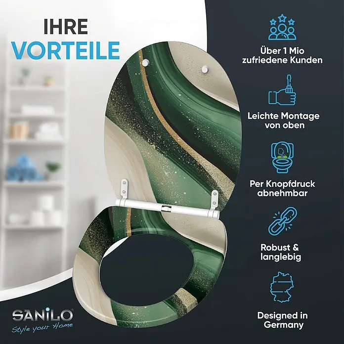 WC-Sitz mit Absenkautomatik & Top Fix Flow -  - Ein stilvoller Toilettensitz mit grün-beige-goldenem Marmormuster, mit Top-Montage und Schnellverschluss für einfache Installation.