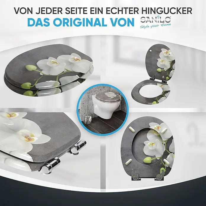 WC-Sitz mit Absenkautomatik Pretty -  - Grauer WC-Sitz mit weißem Orchideen-Design, geschlossen, offen und montiert dargestellt. Mit Chromscharnieren.