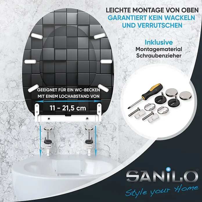 WC-Sitz mit Absenkautomatik & Top Fix Cube -  - Schwarzer WC-Sitz mit Top-Montage, verstellbarem Lochabstand (11-21,5 cm), inkl. Montagematerial und Schraubenzieher.