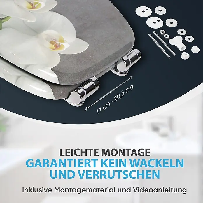 WC-Sitz mit Absenkautomatik Pretty -  - Toilettensitz mit weißem Orchideen-Design, verchromten Scharnieren und Montagematerial. Einstellbarer Scharnierabstand 11-20,5 cm.