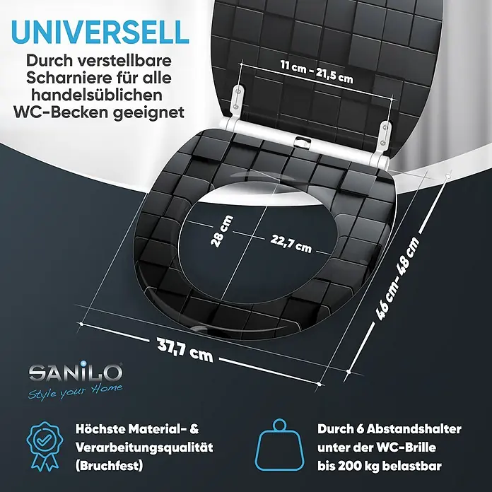 WC-Sitz mit Absenkautomatik & Top Fix Cube -  - Schwarzer WC-Sitz im Fliesen-Design mit verstellbaren Scharnieren für universelle Passform. Bruchfest & bis 200 kg belastbar, Maße sind angegeben.