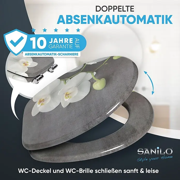 WC-Sitz mit Absenkautomatik Pretty -  - Grau gemusterter WC-Sitz mit Orchideenmotiv, doppelter Absenkautomatik und 10 Jahren Garantie auf Scharniere. Schließt sanft & leise.