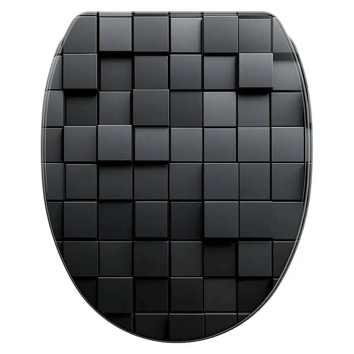 WC-Sitz mit Absenkautomatik & Top Fix Cube -  - Rundes Texturfeld aus dunkelgrauen und schwarzen Würfeln mit unterschiedlichen Tiefen und Reflexionen.