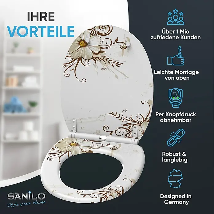 WC-Sitz mit Absenkautomatik & Top Fix Flower -  - Weißer WC-Sitz mit elegantem braunem Blumen- und Schnörkelmuster, einfach zu montieren und langlebig.