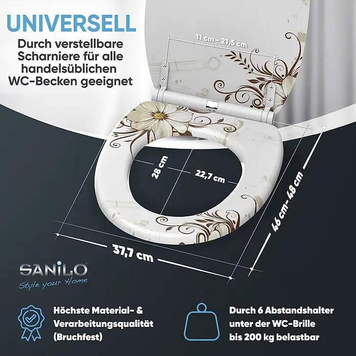 WC-Sitz mit Absenkautomatik & Top Fix Flower -  - Weißer WC-Sitz mit braunem Blumendesign. Universell passend, bruchfest und bis 200 kg belastbar. Maße werden angezeigt.