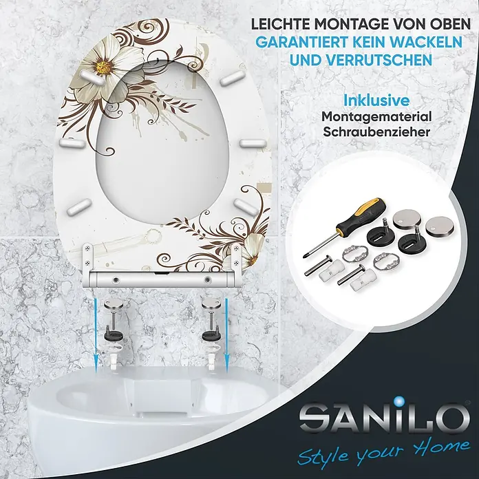 WC-Sitz mit Absenkautomatik & Top Fix Flower -  - Blumenmuster Toilettensitz, einfache Top-Mount-Montage, inkl. Schraubenzieher und Montagematerial.
