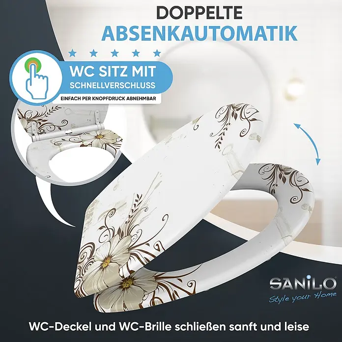 WC-Sitz mit Absenkautomatik & Top Fix Flower -  - Weißer WC-Sitz mit braunem Blumenmuster, doppelter Absenkautomatik und Schnellverschluss zum Abnehmen per Knopfdruck.