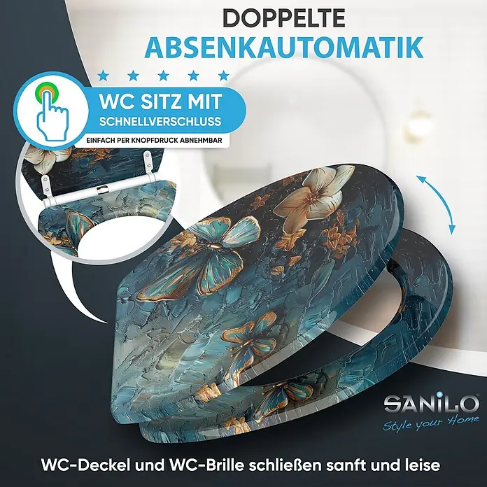 WC-Sitz mit Absenkautomatik & Top Fix Mariposa -  - WC-Sitz mit Schmetterlings- und Blumenmuster in Blau-Gold, mit Doppelt-Absenkautomatik und Schnellverschluss. Deckel und Brille schließen sanft und leise.