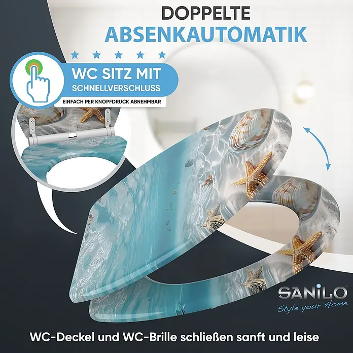 WC Sitz mit Absenkautomatik Waterworld -  - WC-Sitz mit Muscheln und Seesternen, doppelter Absenkautomatik und Schnellverschluss.