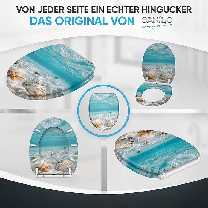 WC Sitz mit Absenkautomatik Waterworld -  - Toilettensitz mit Unterwasser-Strandmotiv: Seesterne, Muscheln, Sand und blaues Wasser, aus verschiedenen Blickwinkeln gezeigt.