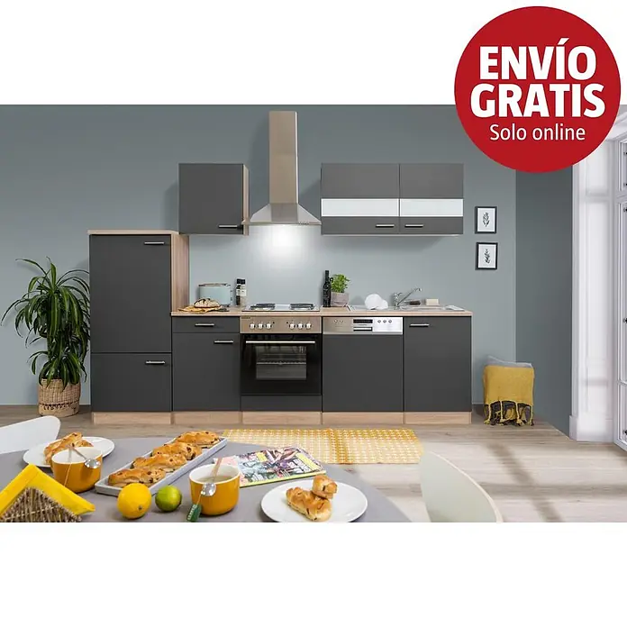 Respekta Cocina modular completa Merle - Ancho: 280 cm, Gris, Sin electrodomésticos - Un mueble de cocina moderno gris oscuro con detalles de imitación madera y electrodomésticos integrados, situado en un espacio de cocina contemporáneo con mesa de comedor.