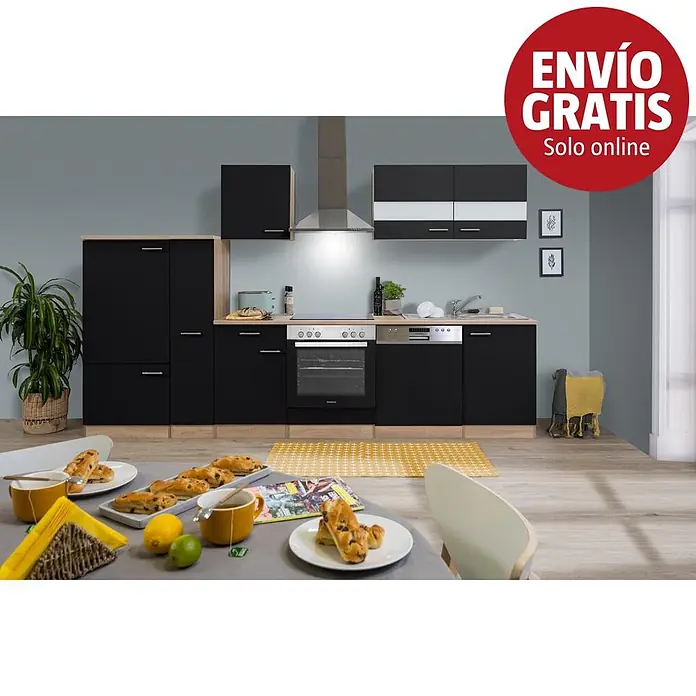 Respekta Cocina modular completa Merle - Ancho: 310 cm, Negro, Sin electrodomésticos - Cocina moderna negra y madera clara con electrodomésticos integrados, mostrando amplio almacenaje y superficie de trabajo.
