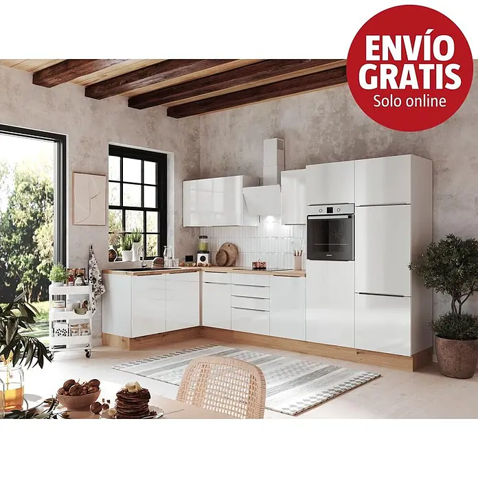 BAUHAUS Cocina esquinera Marleen - An x Pr: 340 x 170 cm, Blanco, Con electrodomésticos, Color del cuerpo: Blanco - Cocina moderna en L con gabinetes blancos brillantes, encimeras de madera y horno integrado, en un espacio luminoso con comedor.