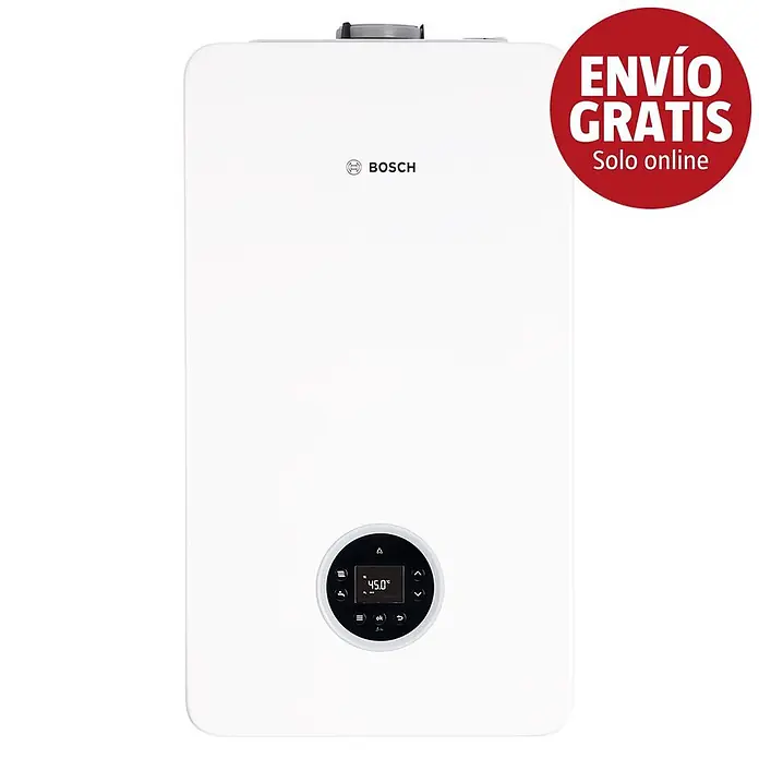 Bosch Caldera Condens 4300i W 24/25 C con instalación incluida - 25,5 kW, 6 l, Display multifunción - Caldera Bosch blanca con pantalla digital que muestra 45 grados y un adhesivo rojo de 'Envío Gratis'.
