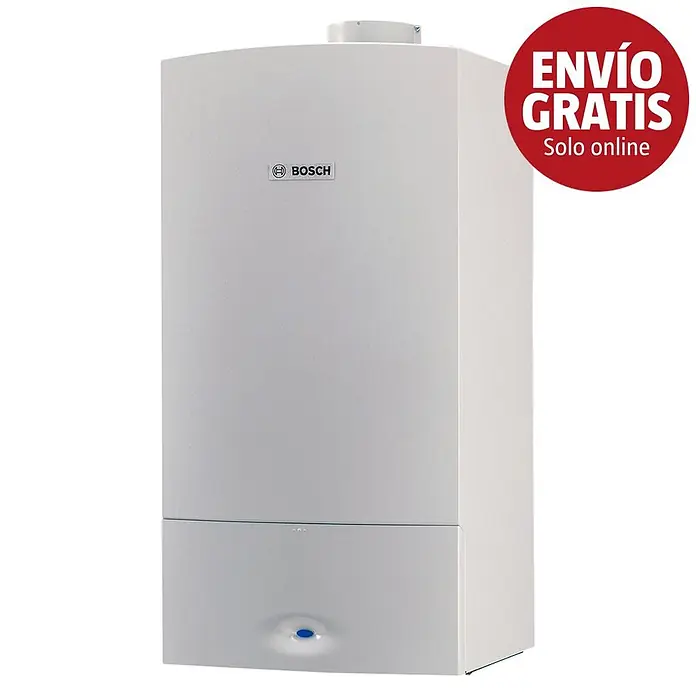 Bosch Caldera Condens 6000 W 30/32 con instalación incluida - 5 l, 30 kW, Display multifunción - Caldera Bosch blanca, con botón azul y pegatina roja 'Envío Gratis solo online'.
