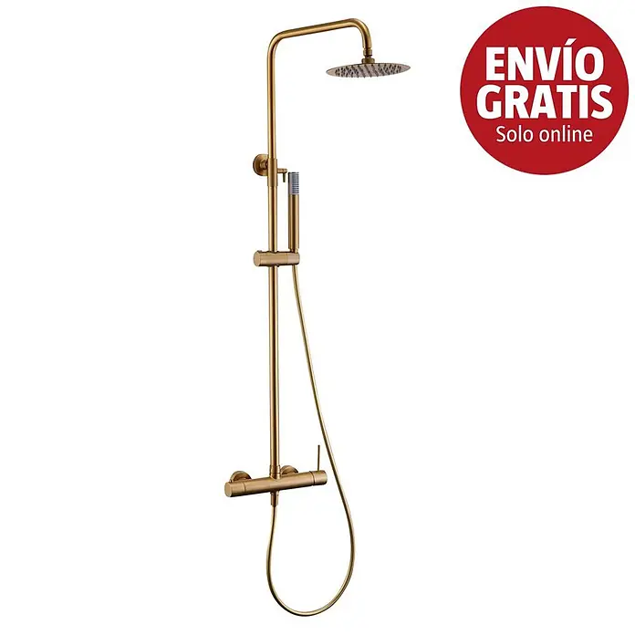 Camargue Natur Sistema de ducha - Con grifo monomando, Oro - Sistema de ducha de oro cepillado con ducha de lluvia redonda y ducha de mano con manguera flexible.