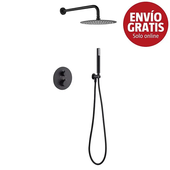Camargue Natur Sistema de ducha empotrado - Con grifo termostático, Negro - Sistema de ducha negro mate con rociador redondo, ducha de mano y mezclador de dos pomos.