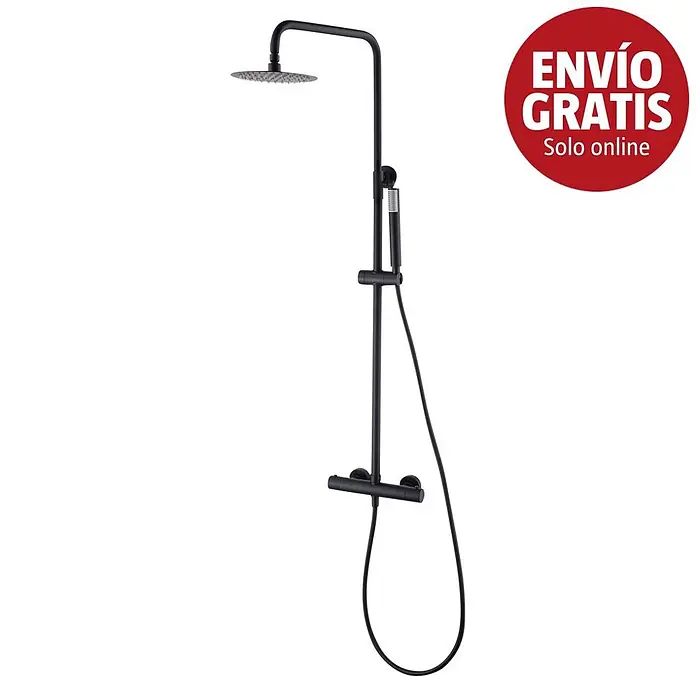 Camargue Natur Sistema de ducha - Con grifo termostático, Negro - Sistema de ducha negro con rociador redondo, ducha de mano y mezclador termostático.