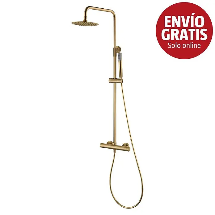 Camargue Natur Sistema de ducha - Con grifo termostático, Oro - Sistema de ducha dorado con rociador de lluvia redondo y ducha de mano.