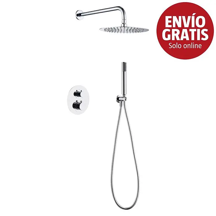 Camargue Natur Sistema de ducha empotrado - Con grifo termostático, Cromo - Sistema de ducha cromado con rociador de pared, ducha de mano y mezclador termostático empotrado.
