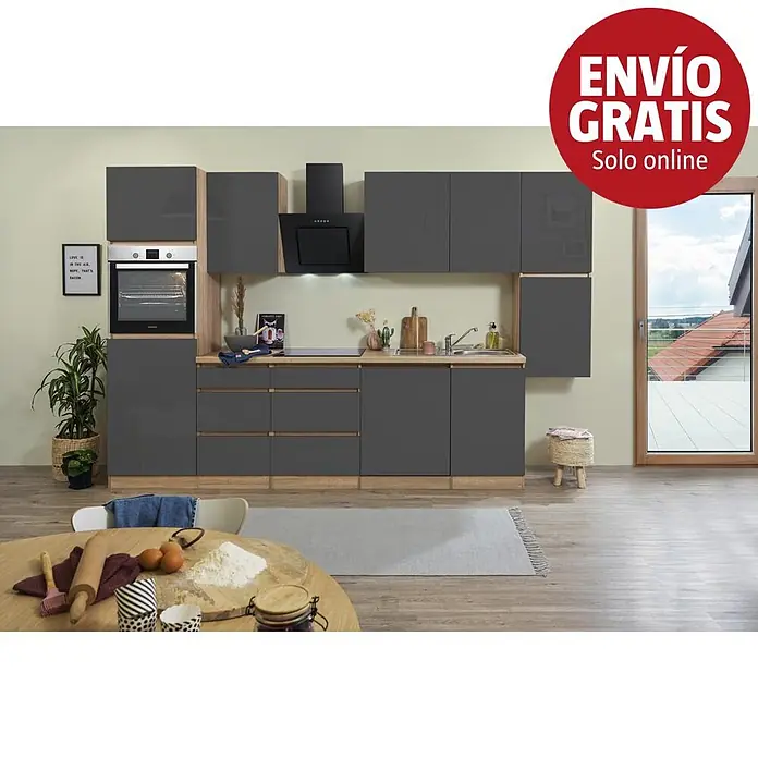 Respekta Premium Cocina modular completa Lorena - Ancho: 330 cm, Roble/Gris, Decoración encimera: Efecto madera, Brillo intenso, Sin electrodomésticos - Cocina moderna con frentes gris oscuro brillante y detalles de efecto madera clara, con horno, placa y fregadero integrados.
