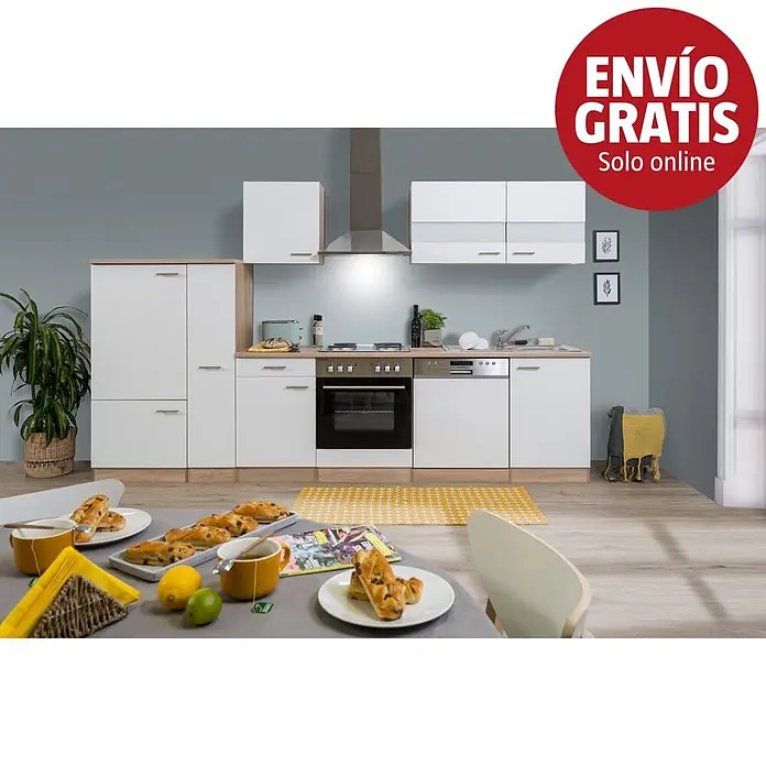 Respekta Cocina modular completa Merle - Ancho: 310 cm, Blanco, Sin electrodomésticos - Mueble de cocina moderno con puertas blancas y detalles de madera, incluyendo horno, vitrocerámica y lavavajillas, en una cocina-comedor.