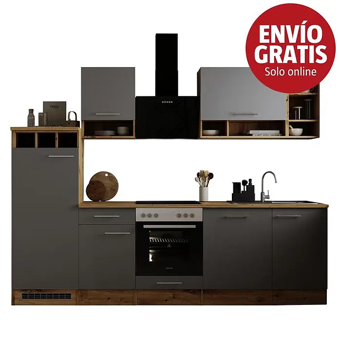 Respekta Cocina modular completa Hilde - Ancho: 280 cm, Gris, Mate, Efecto madera, Sin electrodomésticos - Mueble de cocina gris oscuro y efecto madera con horno, placa, fregadero y campana extractora integrados.