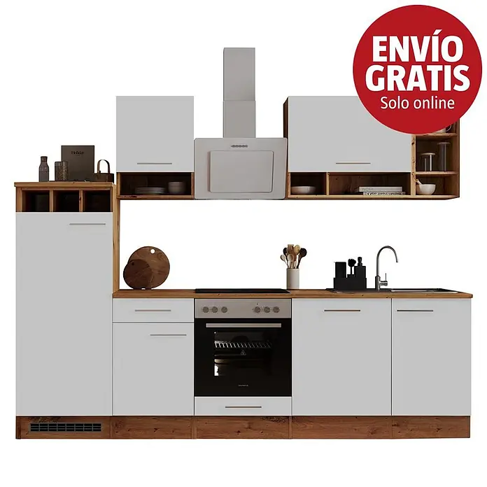 Respekta Cocina modular completa Hilde - Ancho: 280 cm, Blanco, Mate, Efecto madera, Sin electrodomésticos - Cocina modular blanca y efecto madera con horno, vitrocerámica, fregadero, campana extractora y armarios.