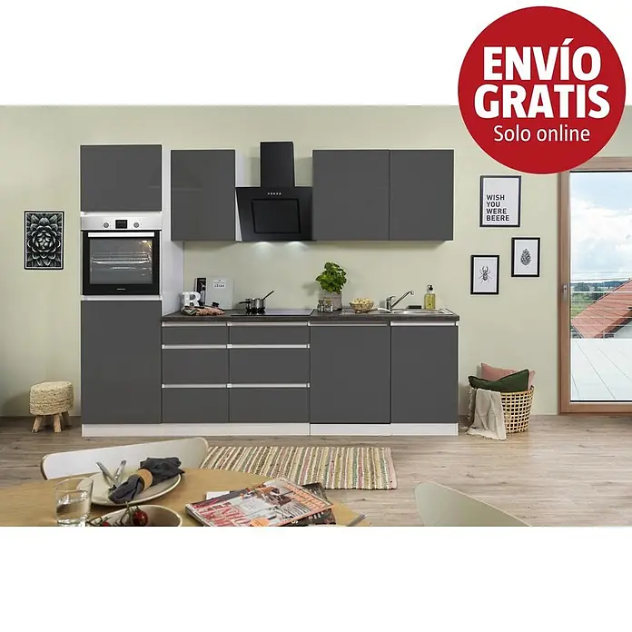 Respekta Premium Cocina modular completa Lorena - Ancho: 280 cm, Gris, Brillo intenso, Decoración encimera: Efecto piedra, Sin electrodomésticos - Un mueble de cocina gris oscuro con horno, placa de cocción y fregadero integrados, presentado como un conjunto completo.