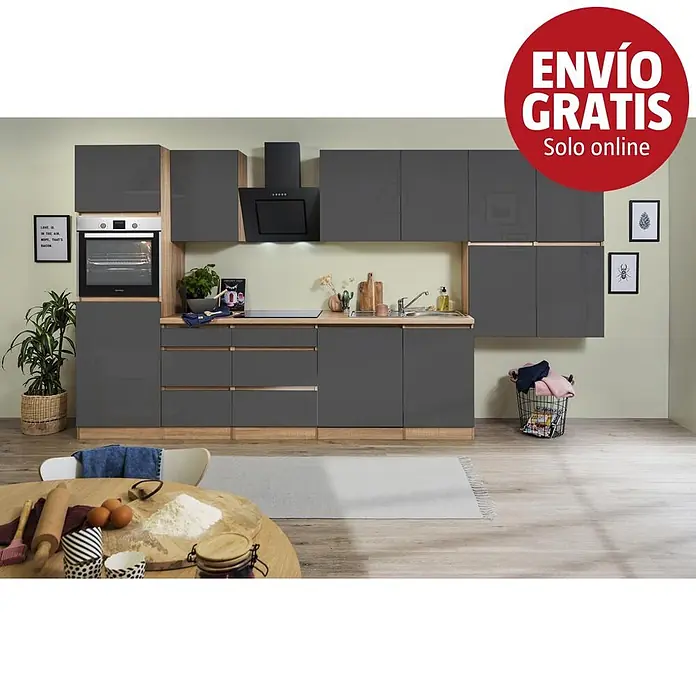 Respekta Premium Cocina modular completa Lorena - Ancho: 380 cm, Roble/Gris, Decoración encimera: Efecto madera, Brillo intenso, Sin electrodomésticos - Cocina moderna gris con encimera de madera y electrodomésticos integrados, mostrada en un ambiente contemporáneo.