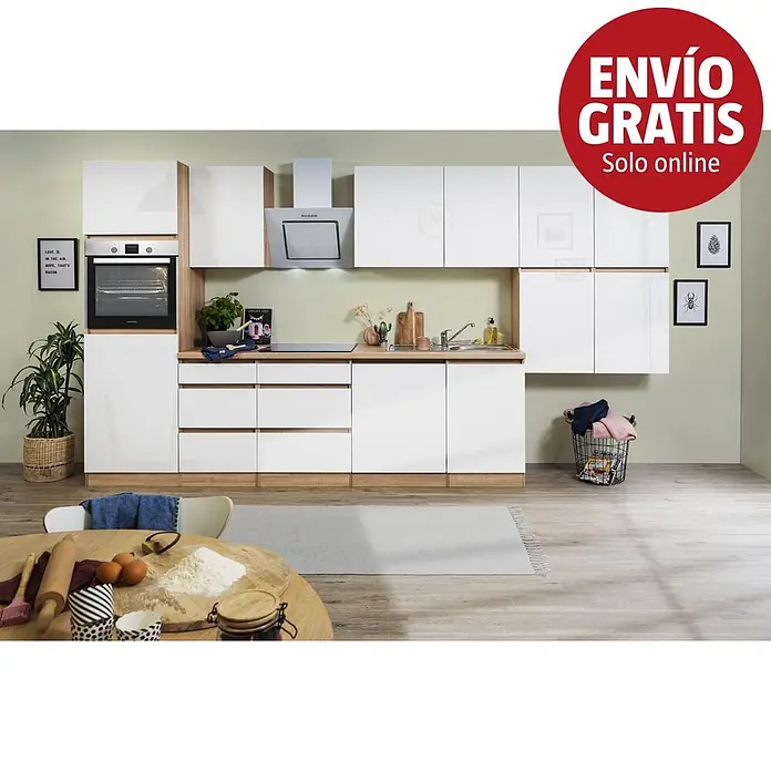 Respekta Premium Cocina modular completa Lorena - Ancho: 380 cm, Roble/Blanco, Decoración encimera: Efecto madera, Brillo intenso, Sin electrodomésticos - Cocina blanca moderna con detalles de madera, horno integrado, placa y fregadero.