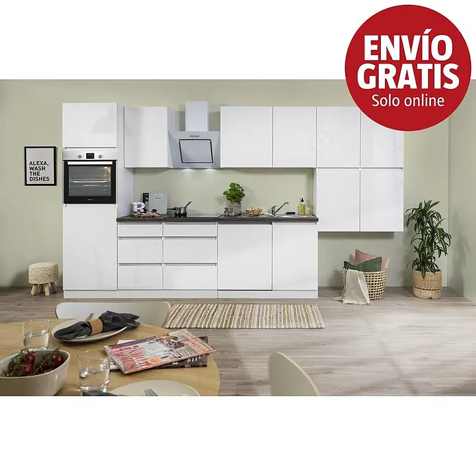 Respekta Premium Cocina modular completa Lorena - Ancho: 380 cm, Blanco, Brillo intenso, Decoración encimera: Efecto piedra, Sin electrodomésticos - Conjunto de cocina moderno blanco brillo con encimeras oscuras, horno, placa y fregadero, en un entorno de hogar.
