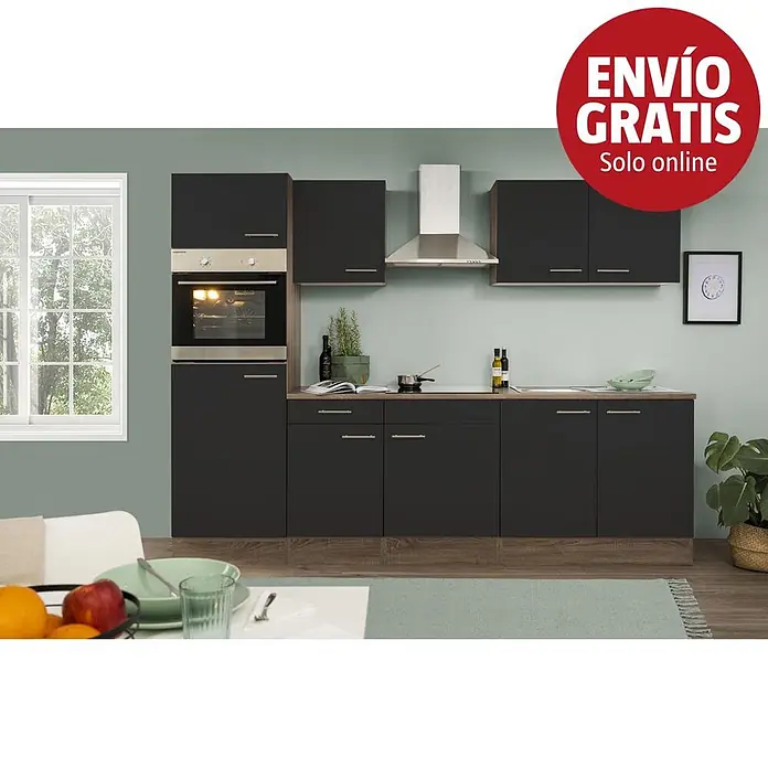 Respekta Cocina modular completa Oliver - Ancho: 270 cm, Negro, Sin electrodomésticos - Conjunto de cocina moderno en antracita con horno integrado y encimera de efecto madera.