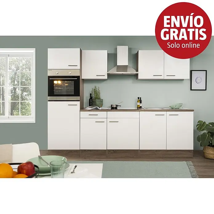 Respekta Cocina modular completa Oliver - Ancho: 270 cm, Blanco, Sin electrodomésticos - Conjunto de cocina moderno blanco con detalles de madera, horno integrado y campana extractora en una cocina contemporánea.