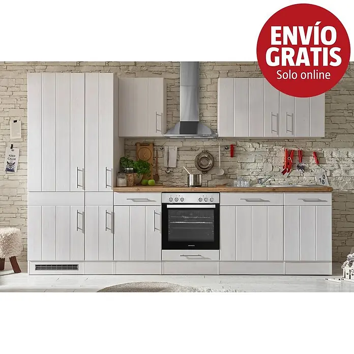 Respekta Premium Cocina modular completa Anton - Ancho: 310 cm, Blanco, Sin electrodomésticos - Mueble de cocina de madera blanca con horno, campana y encimera de madera natural. Diseño modular moderno.