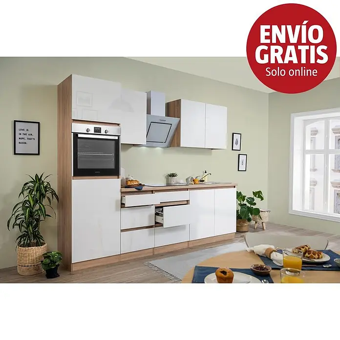 Respekta Premium Cocina modular completa Lorena - Ancho: 270 cm, Roble/Blanco, Decoración encimera: Efecto madera, Brillo intenso, Sin electrodomésticos - Muebles de cocina modernos con frentes blancos brillo, detalles en madera clara, horno integrado y campana extractora.
