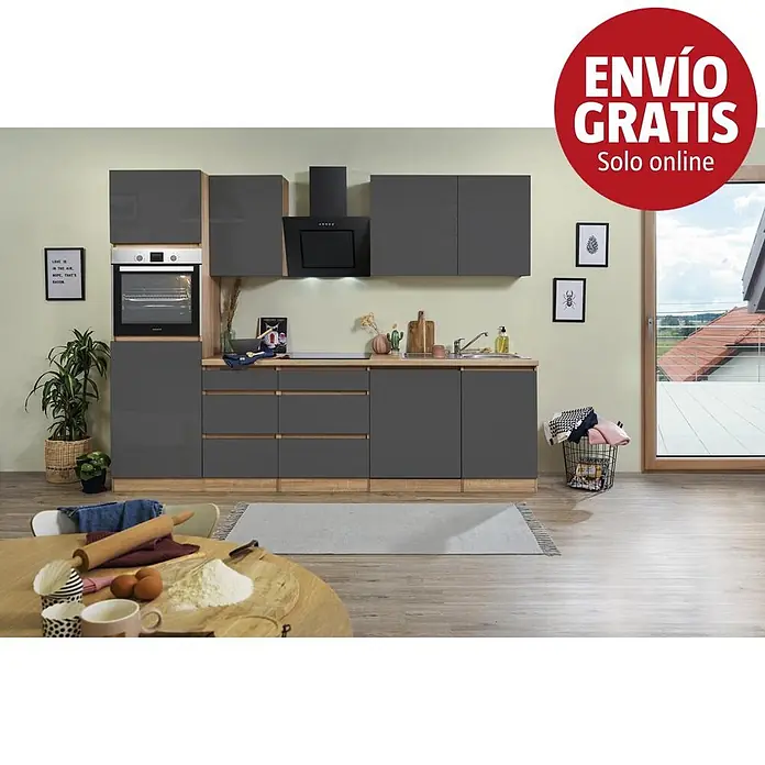 Respekta Premium Cocina modular completa Lorena - Ancho: 280 cm, Roble/Gris, Decoración encimera: Efecto madera, Brillo intenso, Sin electrodomésticos - Conjunto de cocina moderno gris oscuro con detalles de efecto madera, horno, placa y fregadero integrados, en un ambiente de cocina luminoso.