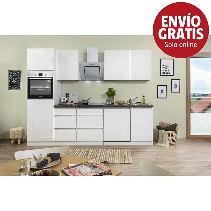 Respekta Premium Cocina modular completa Lorena - Ancho: 280 cm, Blanco, Brillo intenso, Decoración encimera: Efecto piedra, Sin electrodomésticos - Muebles de cocina modulares blancos con horno, vitrocerámica, fregadero y campana extractora, en un espacio de vida moderno.