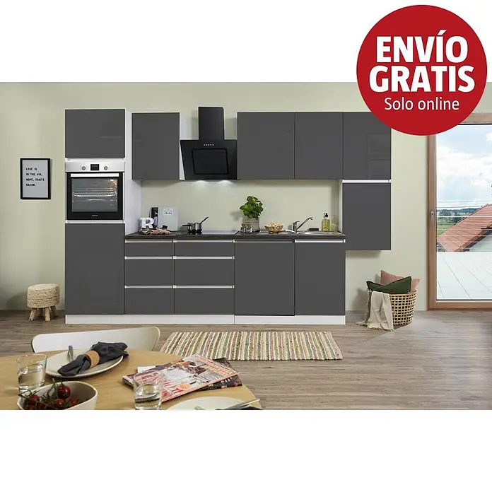 Respekta Premium Cocina modular completa Lorena - Ancho: 330 cm, Gris, Brillo intenso, Decoración encimera: Efecto piedra, Sin electrodomésticos - Cocina moderna gris oscuro con horno integrado, placa, fregadero, campana extractora y varios armarios. Una mesa de comedor está en primer plano.