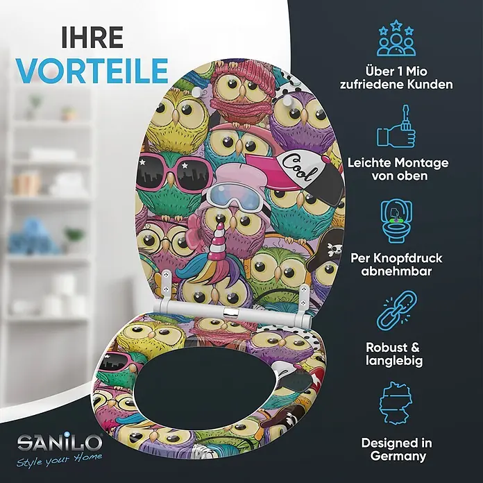 WC-Sitz mit Absenkautomatik & Top Fix Owl -  - Ein Toilettensitz mit lebhaftem Cartoon-Eulenmuster, teilweise geöffnet gezeigt.
