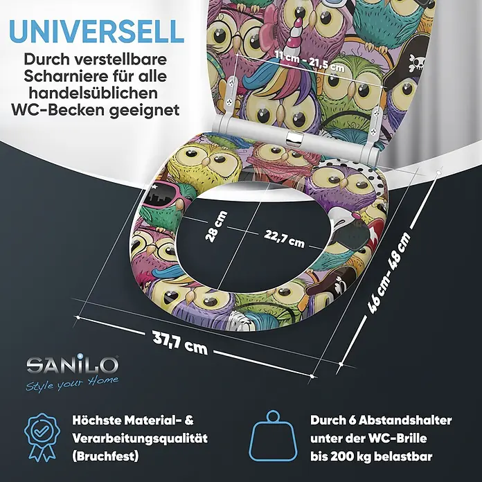 WC-Sitz mit Absenkautomatik & Top Fix Owl -  - Toilettensitz mit buntem Eulenmuster, verstellbare Scharniere (11-21,5 cm), Außenmaße 37,7x46-48 cm, innen 28x22,7 cm, bis 200 kg belastbar.